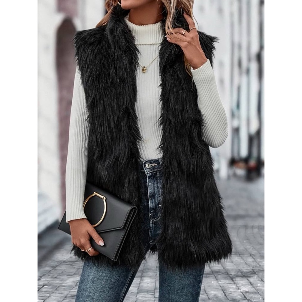Topshop Black Faux Fur Sleeveless Vest with Open Front
